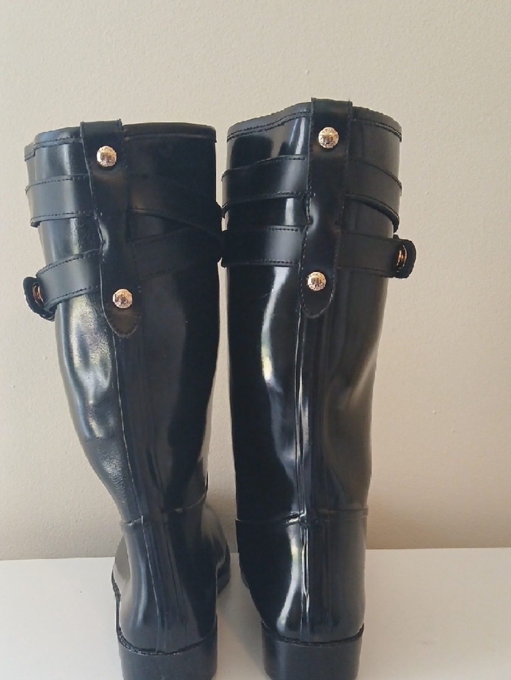 Coach Women's Black Gloss Tall Rain Boots with Calf Strap Detail - Picture 3 of 6